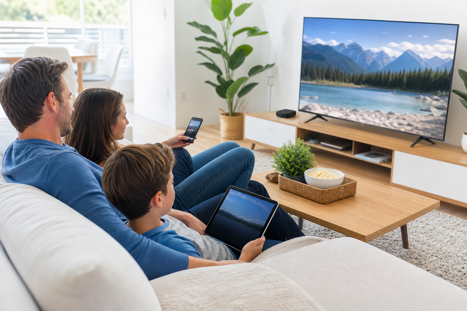 Family using IPTV multiple devices in a Canadian home